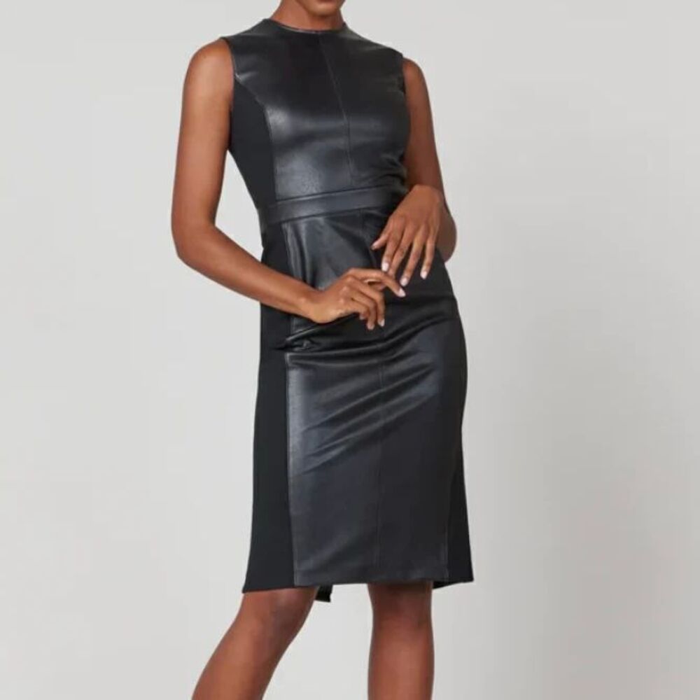 SPANX Women's Black Leather Like Sleeveless Mixed Media Sheath Dress NWT Size XL - Picture 2 of 11